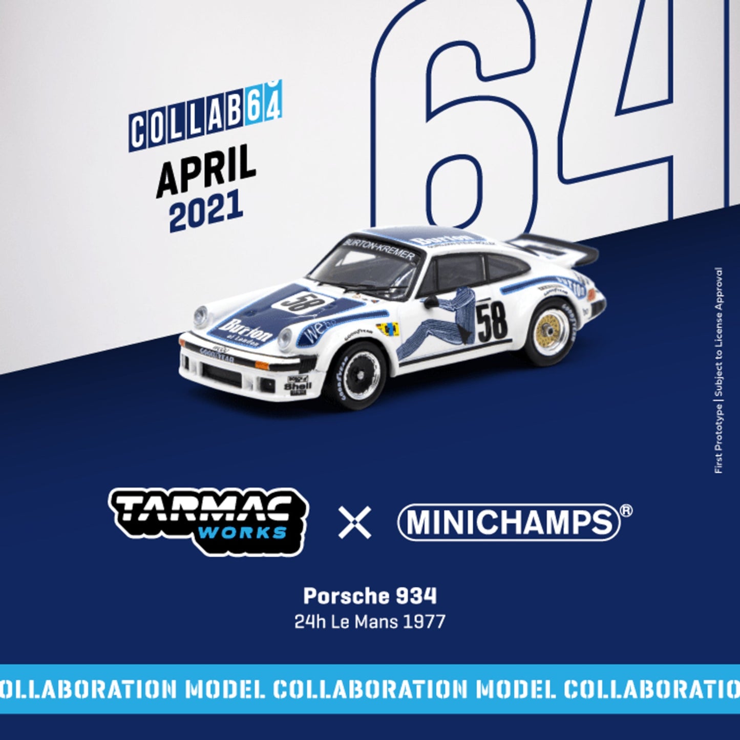 Porsche 934 #58 Kremer Racing 24h Le Mans 1977 Minichamps x Tarmac Works 1/64 - TC-T64MC003BUR