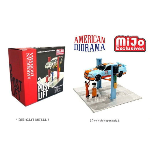 2 Post Lift with Oil Drainer & Mechanic figure Light Blue American Diorama 1/64 - AD38379