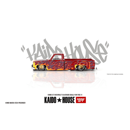 Kaido House Chevrolet Silverado Dually on Fire V1 Mini GT 1/64 - KHMG127