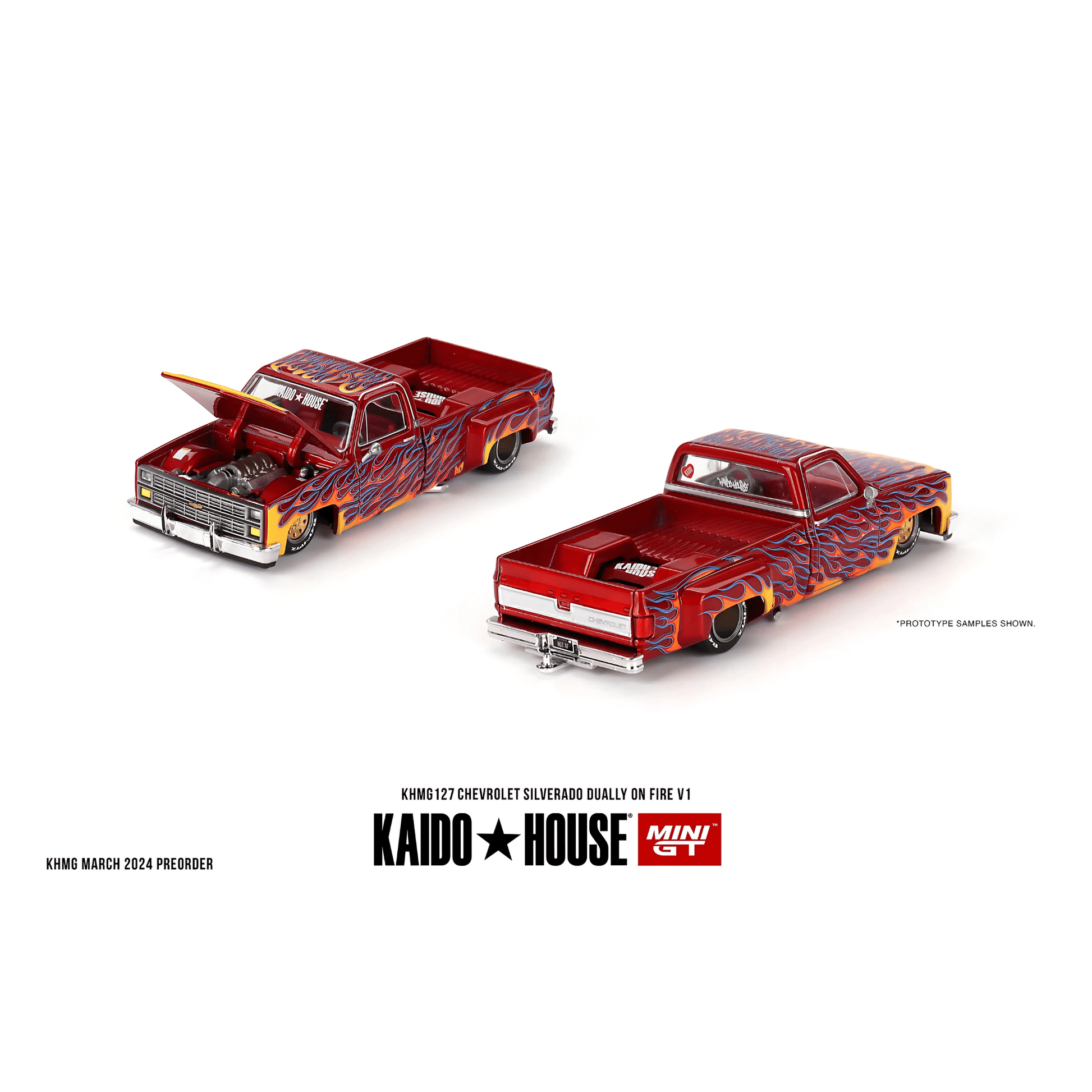 Kaido House Chevrolet Silverado Dually on Fire V1 Mini GT 1/64 - KHMG127