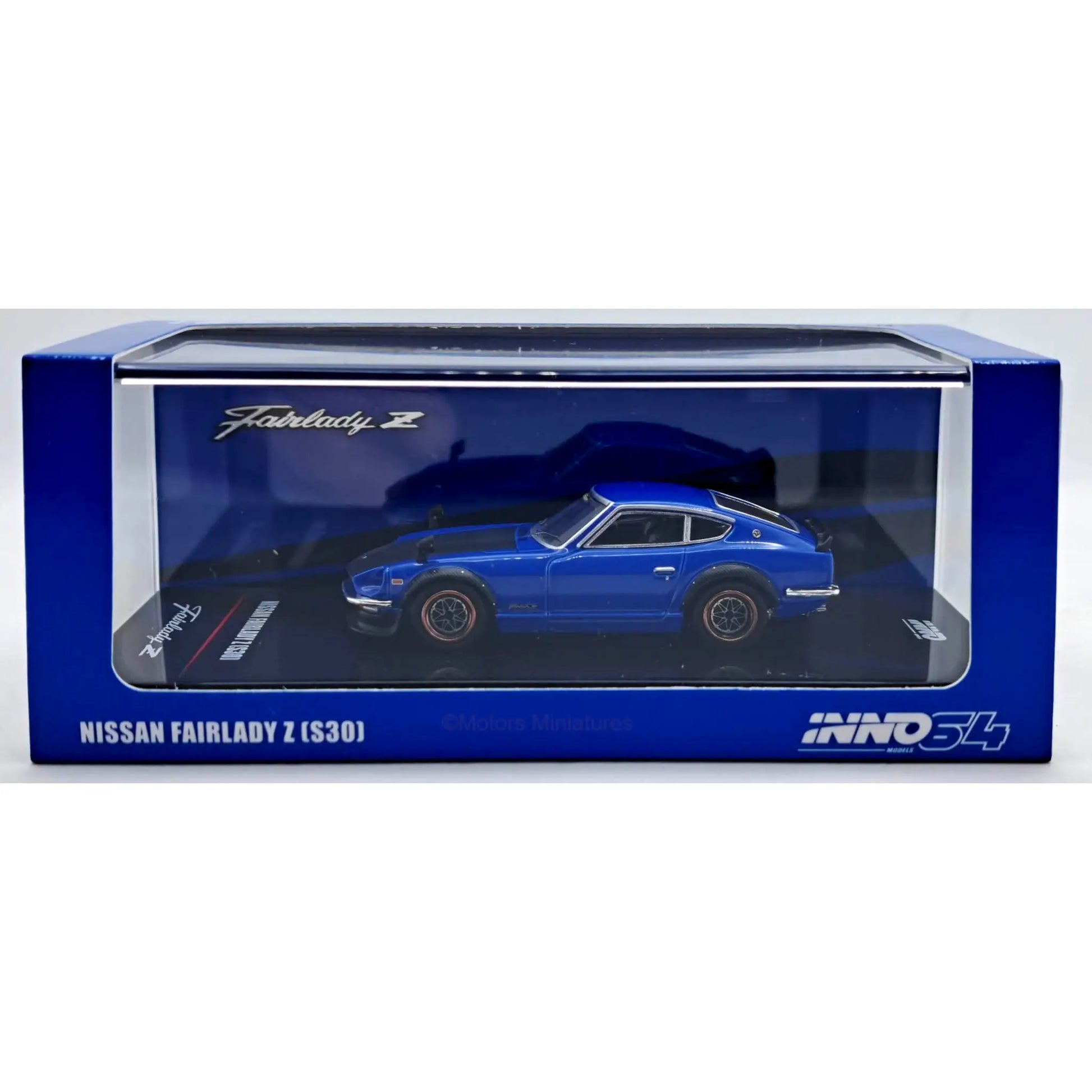 Nissan Fairlady Z S30 bleu avec le capot en carbone Inno64 1/64 | Motors Miniatures