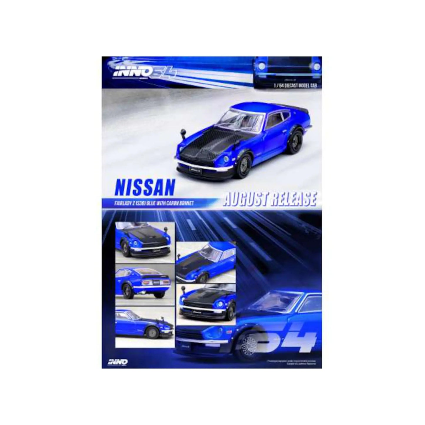 Nissan Fairlady Z S30 bleu avec le capot en carbone Inno64 1/64 | Motors Miniatures