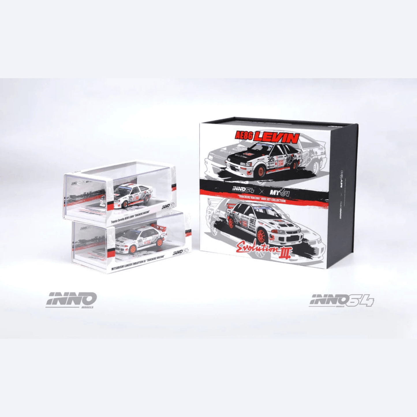 Toyota Corolla Levin AE86 & Mitsubishi Lancer EVO III Trackerz Racing Inno64 1/64 - IN64 - Trackerz - boxset