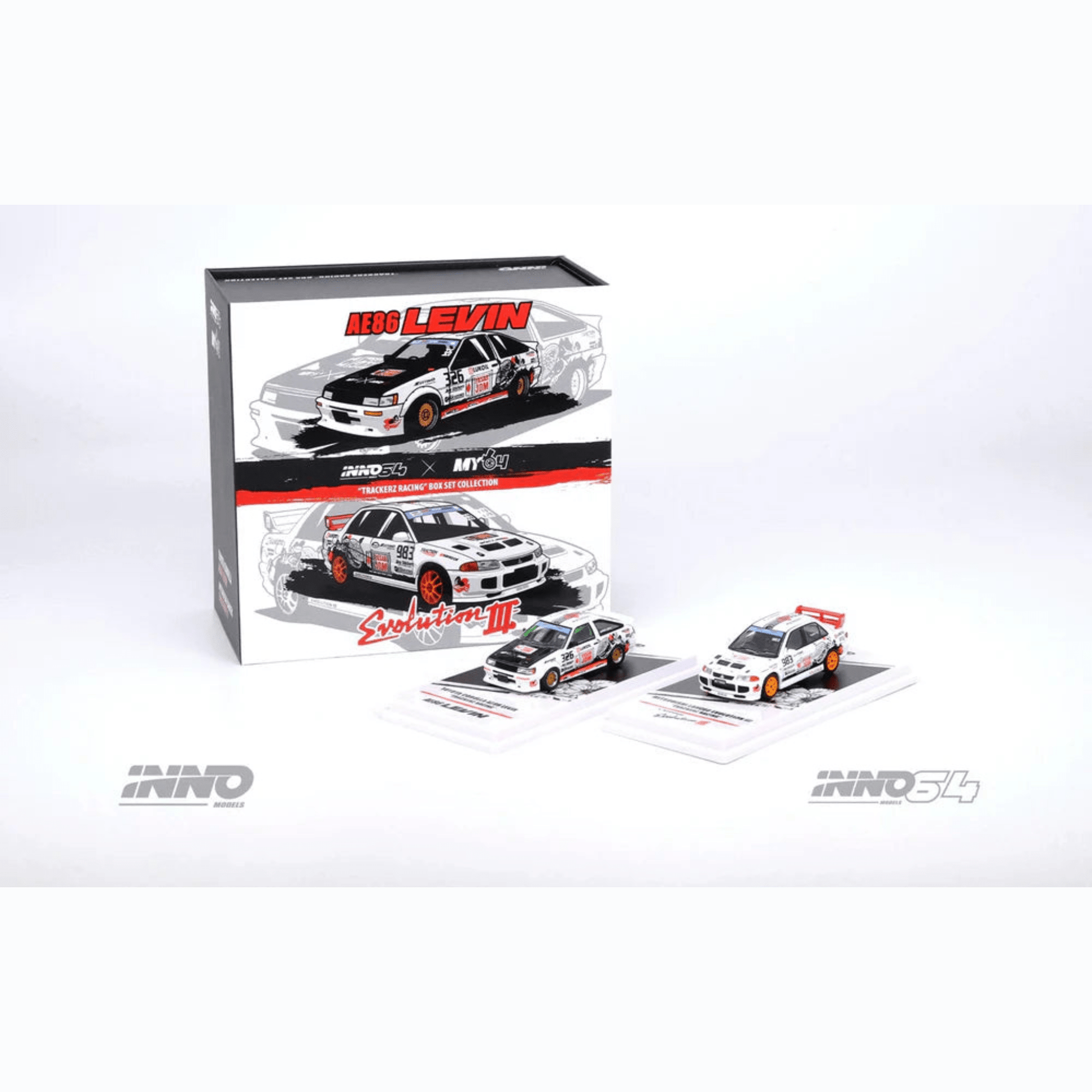 Toyota Corolla Levin AE86 & Mitsubishi Lancer EVO III Trackerz Racing Inno64 1/64 - IN64 - Trackerz - boxset